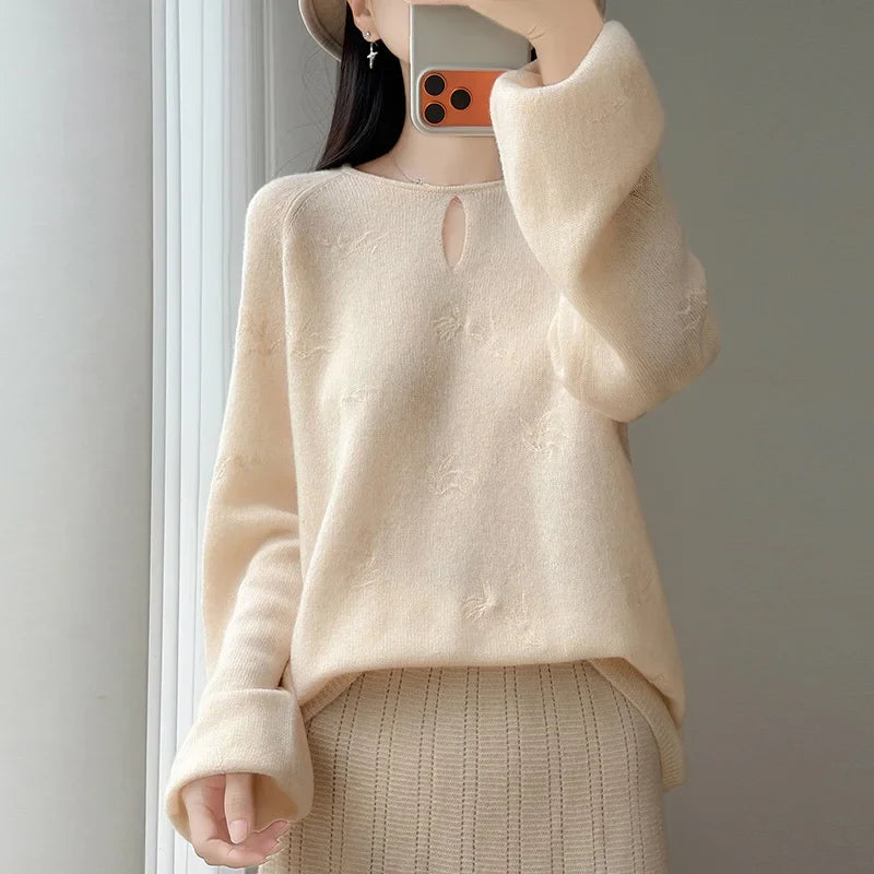 Damen Pullover Langarm Rundhals mit Cut-Out und Muster