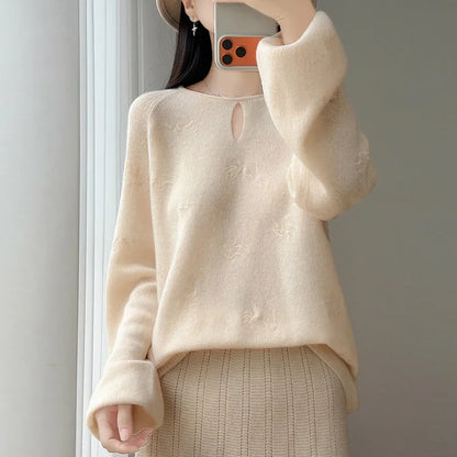 Damen Pullover Langarm Rundhals mit Cut-Out und Muster