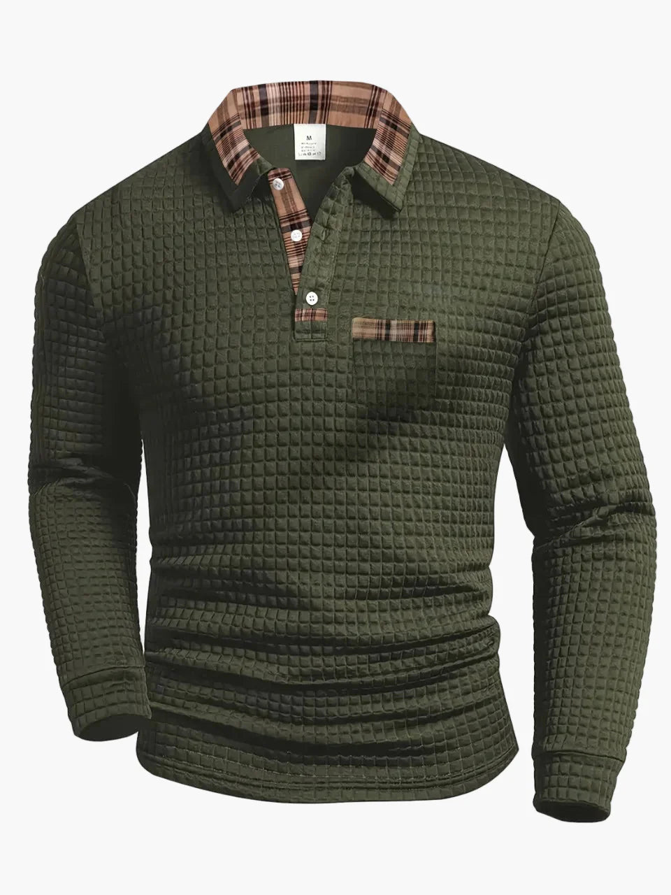 Men's Long Sleeve Casual Polo Shirt with Check Details – Stylish Waffle Pattern, Ideal for Everyday & Office