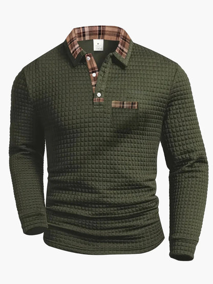 Men's Long Sleeve Casual Polo Shirt with Check Details – Stylish Waffle Pattern, Ideal for Everyday & Office