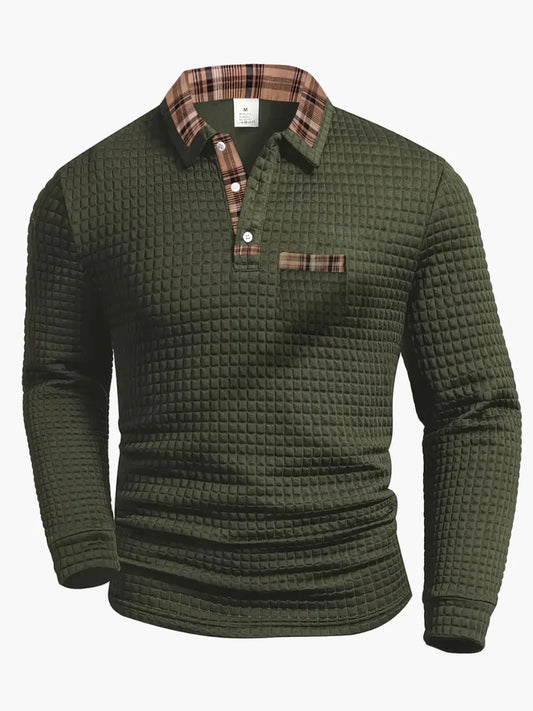 Men's Long Sleeve Casual Polo Shirt with Check Details – Stylish Waffle Pattern, Ideal for Everyday & Office