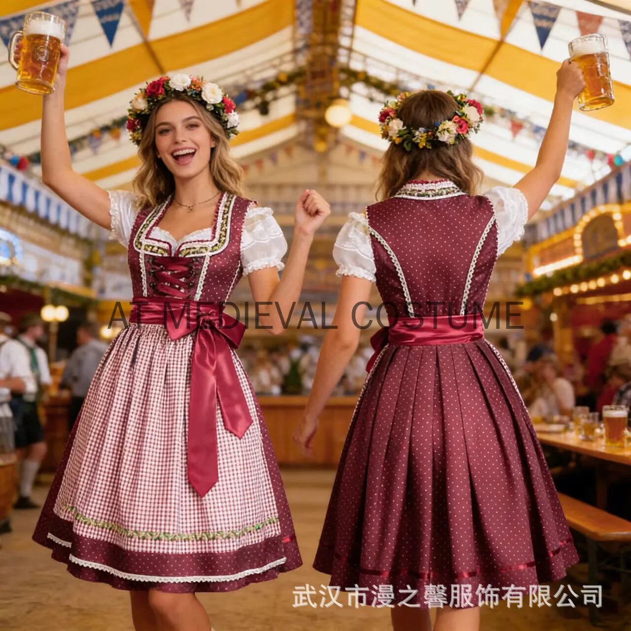 Damen Dirndl Midi Rot Gepunktet Kariert mit Bluse und Schürze