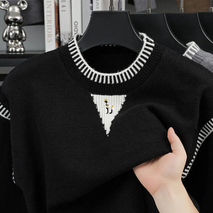 Men's Crew-Neck Knit Sweater with Pattern Detail and Contrast Cuffs