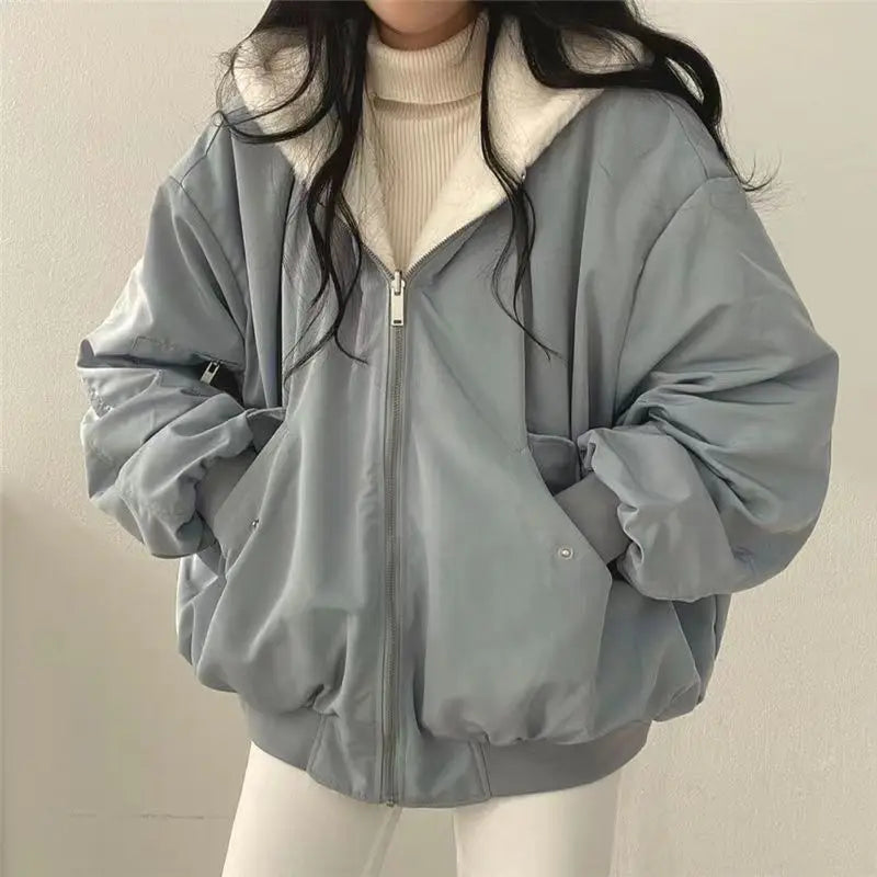 Wende Bomberjacke Damen gefüttert Oversize Teddyfell Kapuze