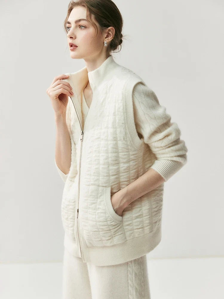 Women's quilted vest with a knit look, zipper, and stand-up collar, cream white