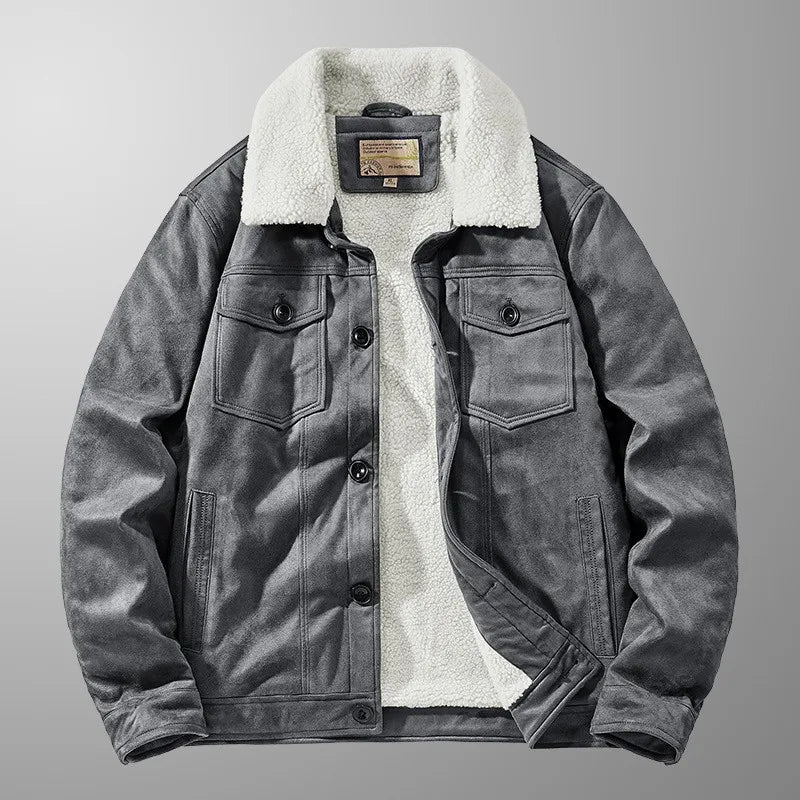 Men's Winter Jacket Suede Look with Teddy Lining, Button Closure