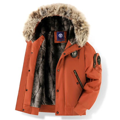 Men's winter bomber jacket with detachable hood and faux fur collar, black