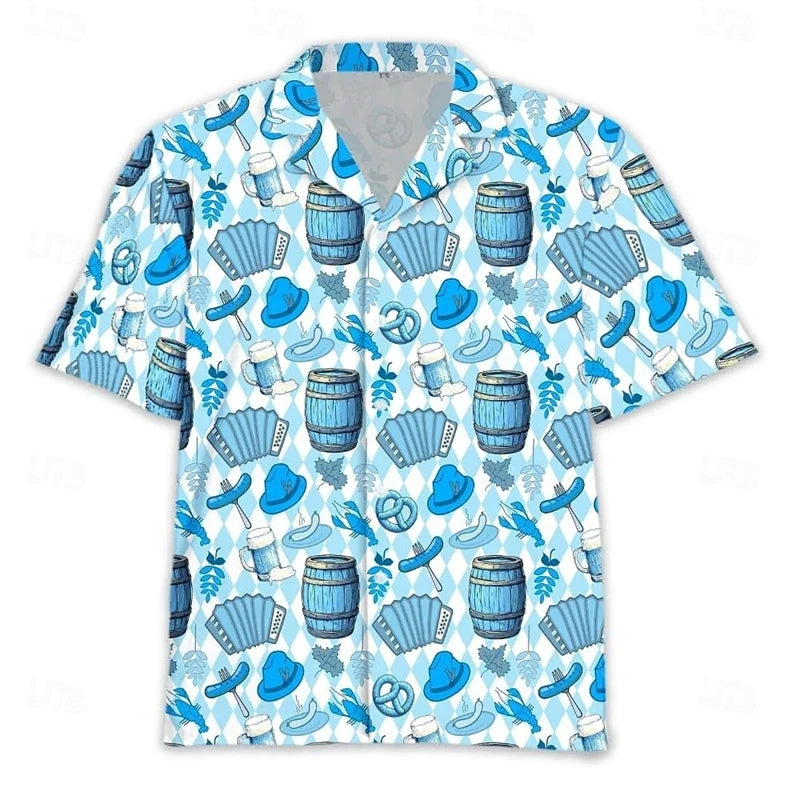 Men's Oktoberfest shirt, short sleeves, beer, pretzel, and sausage design