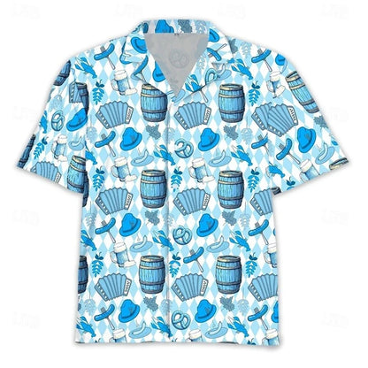 Men's Oktoberfest shirt, short sleeves, beer, pretzel, and sausage design