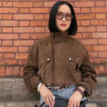 Women's suede-look biker jacket asymmetric zipper