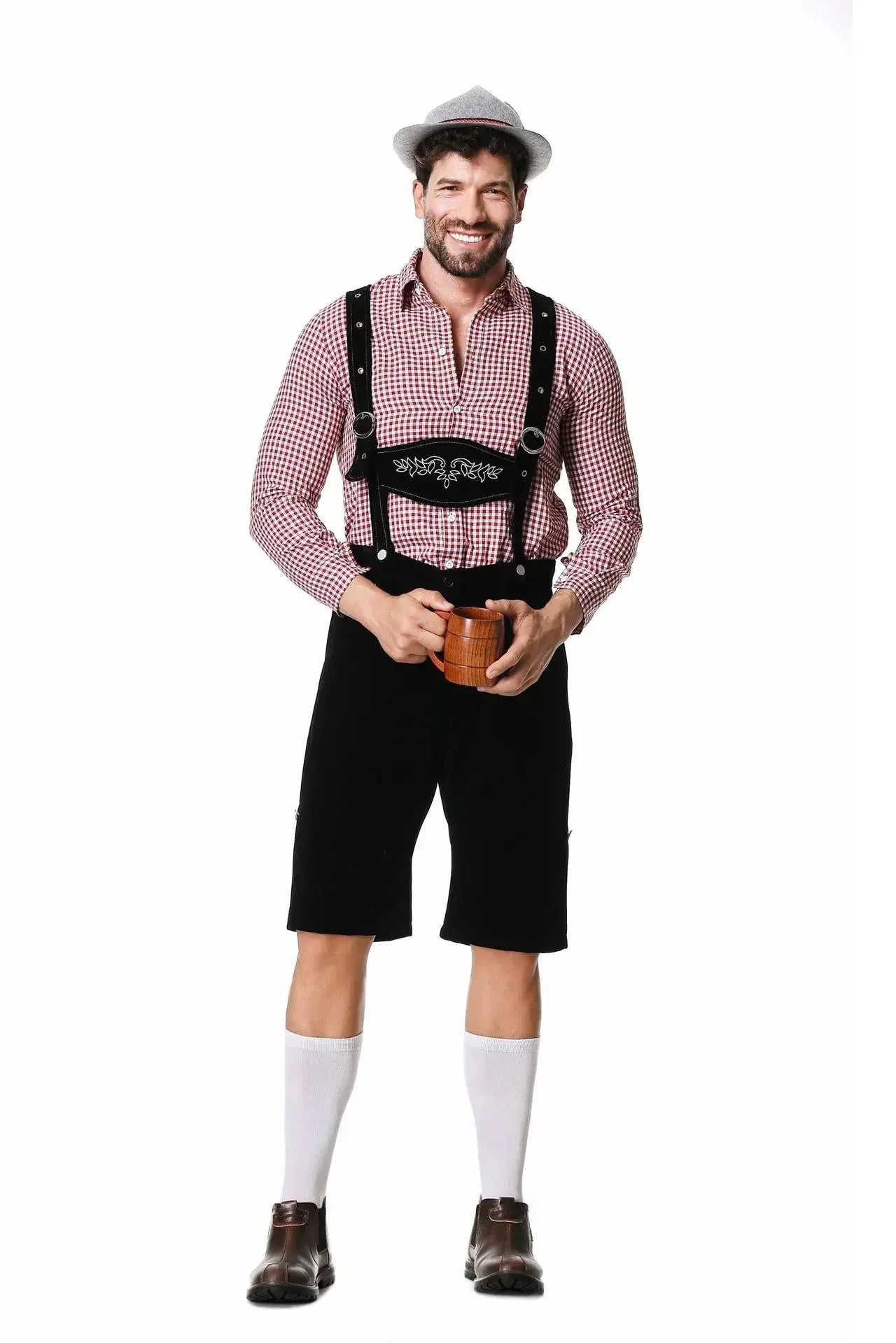 Herren Lederhose Trachtenkostüm kariertes Hemd Tracht Oktoberfest Braun Schwarz