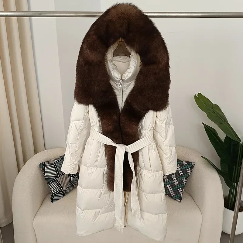 Damen Daunenmantel mit Pelzkapuze und Bindegürtel, gepolstert, lange Winterjacke