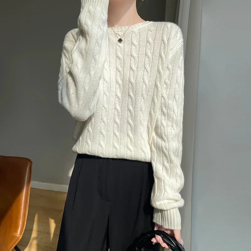 Damen Pullover Zopfmuster Rundhals Langarm Strickpullover