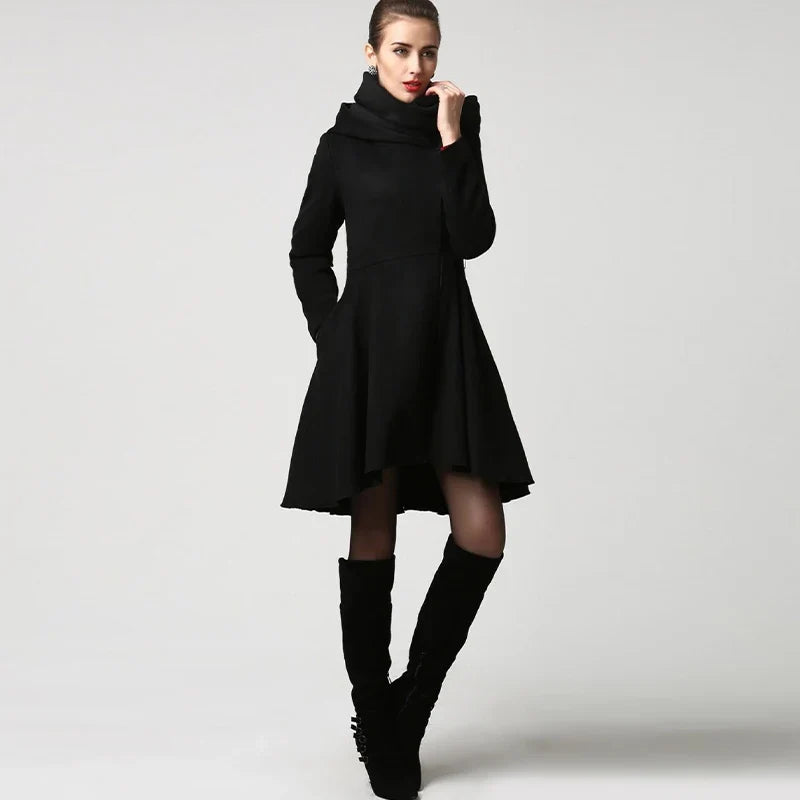 Damen Mantel Schwarz Asymmetrisch mit Stehkragen und Reißverschluss