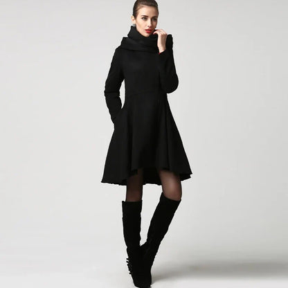 Damen Mantel Schwarz Asymmetrisch mit Stehkragen und Reißverschluss