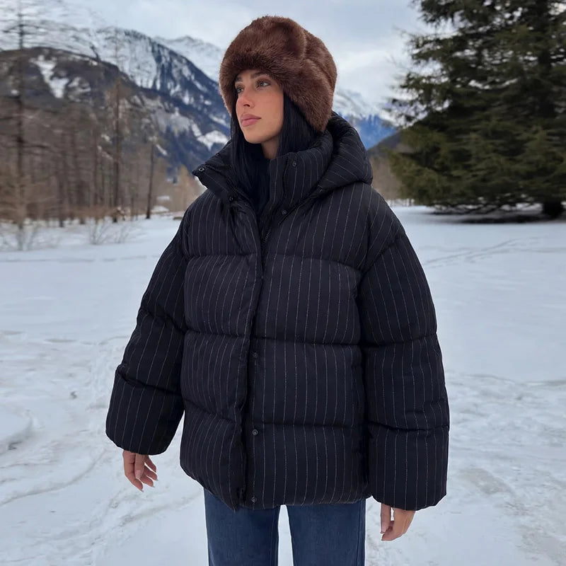 Damen Pufferjacke gestreift mit Kapuze Schwarz