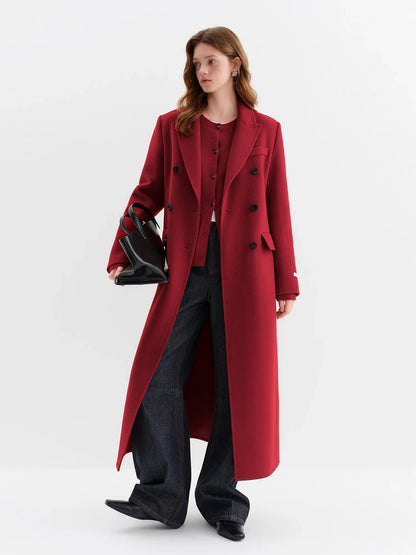 Women's long double-breasted coat, classic cut, red/black/beige