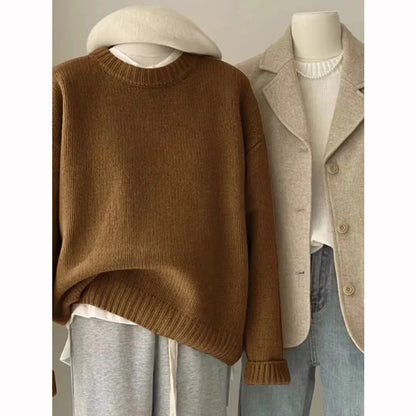 Ribbed crew-neck knit sweater, loose fit, multicolored