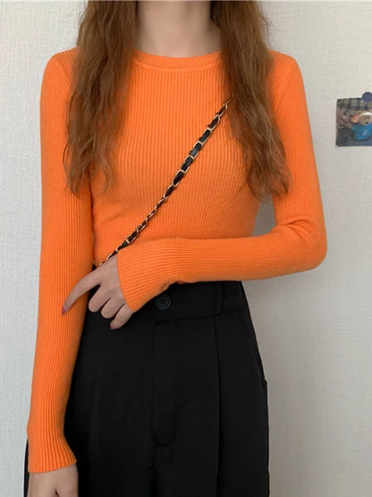 Women's ribbed long-sleeve sweater, crew neck, top