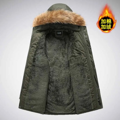 Men's parka winter jacket with fur hood and pockets, khaki