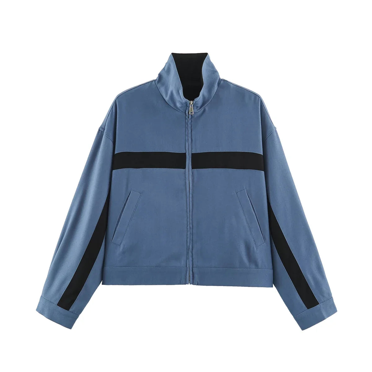 Women's cropped jacket with zipper, stand collar, and block stripes