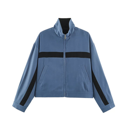 Women's cropped jacket with zipper, stand collar, and block stripes
