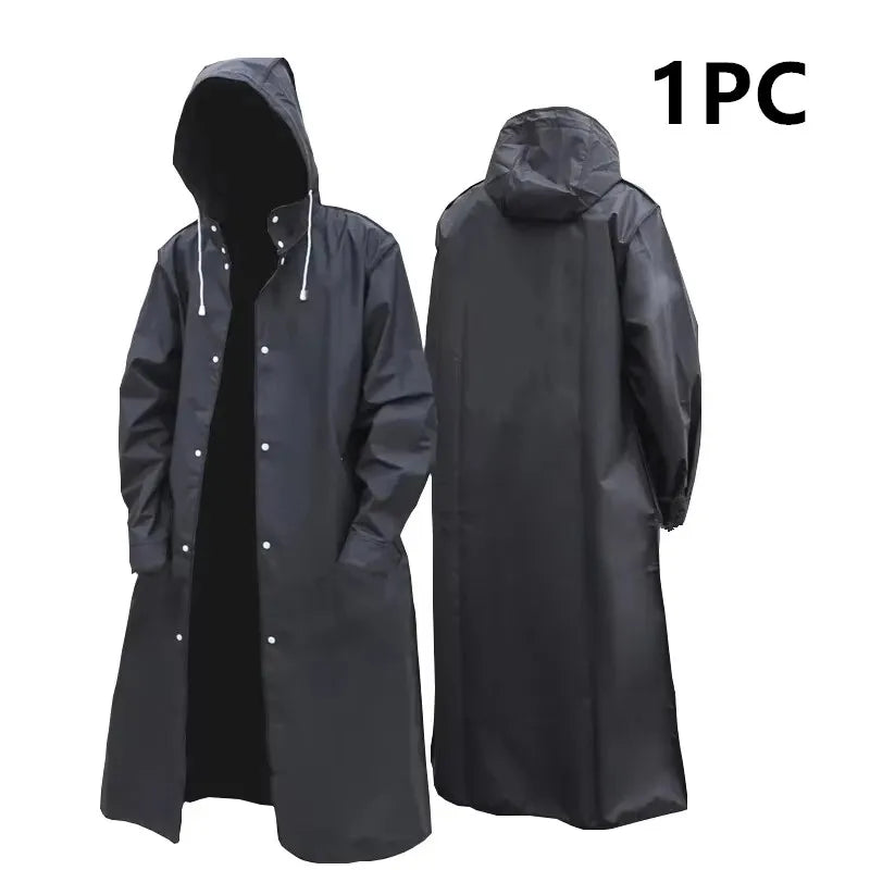 Unisex Regenmantel Lang Schwarz mit Kapuze Druckknöpfen