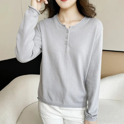Women's Henley Shirt with Button Placket, Long Sleeves, Crew Neck, Fine Knit, Purple