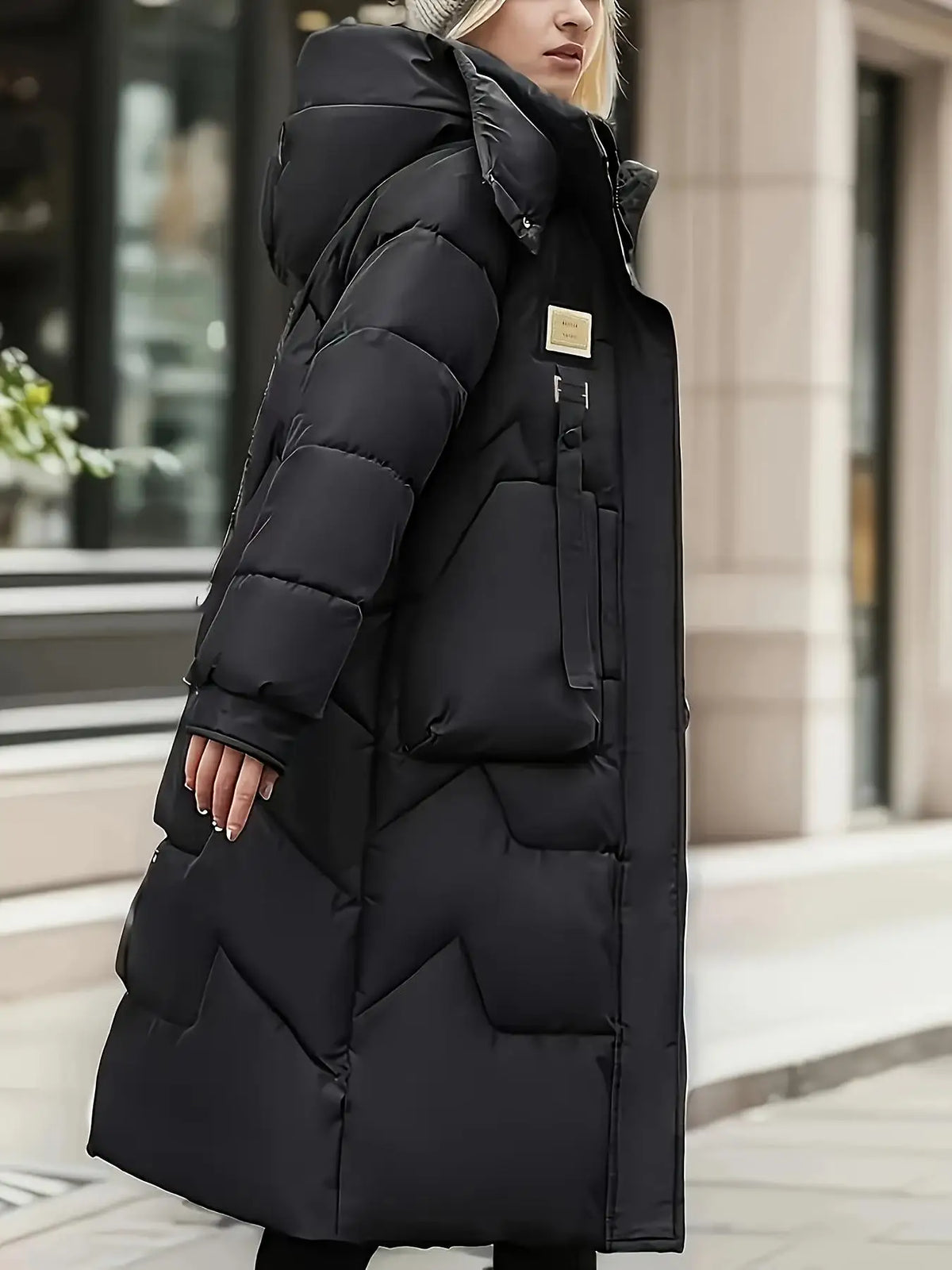 Langer Steppmantel mit Kapuze und Taschen für Damen