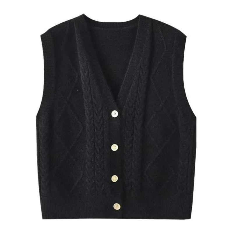 Women's Knit Vest with V-Neck, Cable and Diamond Pattern, Black