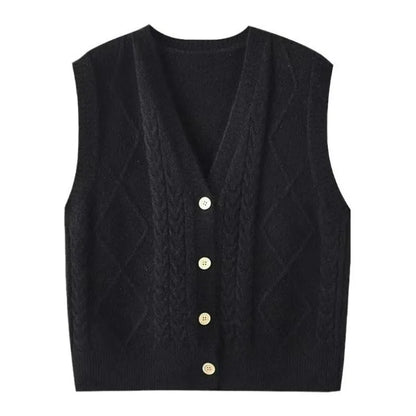 Women's Knit Vest with V-Neck, Cable and Diamond Pattern, Black