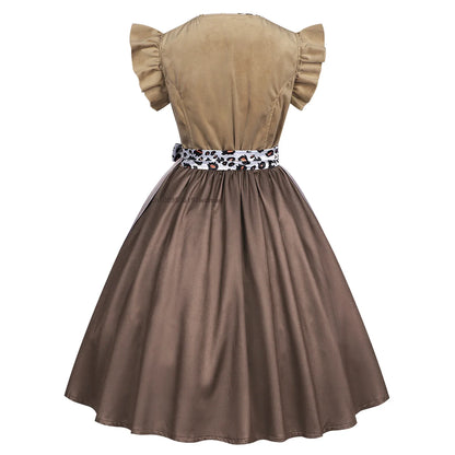 Damen Dirndl Kleid Braun Beige mit Schürze und Leopardenmuster-Band