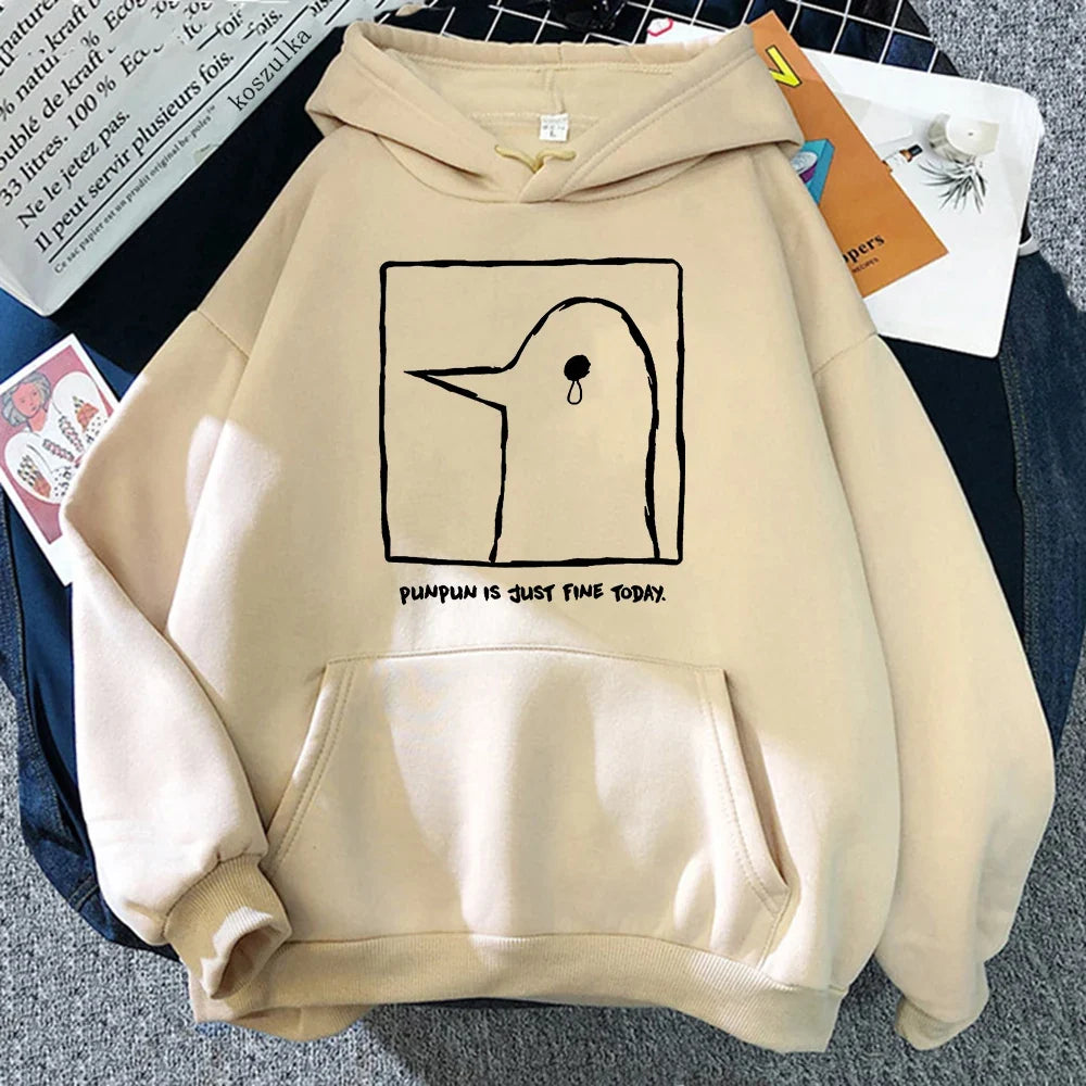 Hoodie or sweatshirt with cartoon bird motif, "Punpun is just fine today" print