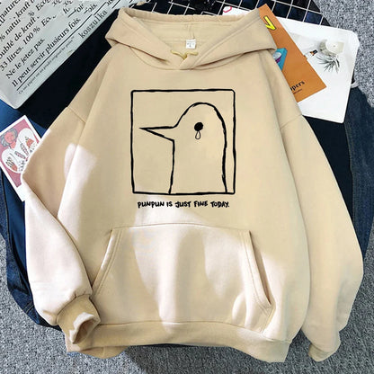 Hoodie or sweatshirt with cartoon bird motif, "Punpun is just fine today" print