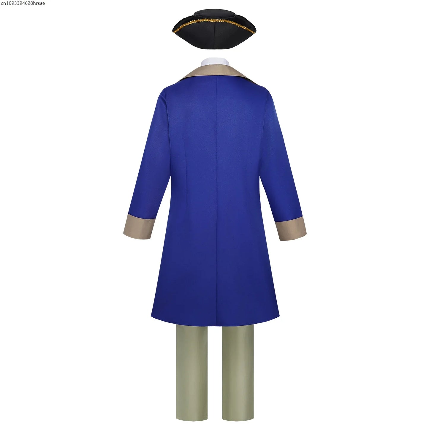 Men's historical costume set, blue and beige frock coat, vest, trousers, pirate hat