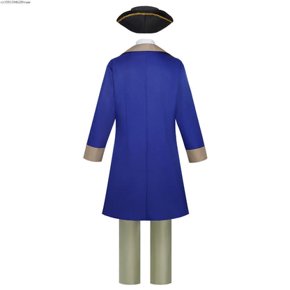Men's historical costume set, blue and beige frock coat, vest, trousers, pirate hat