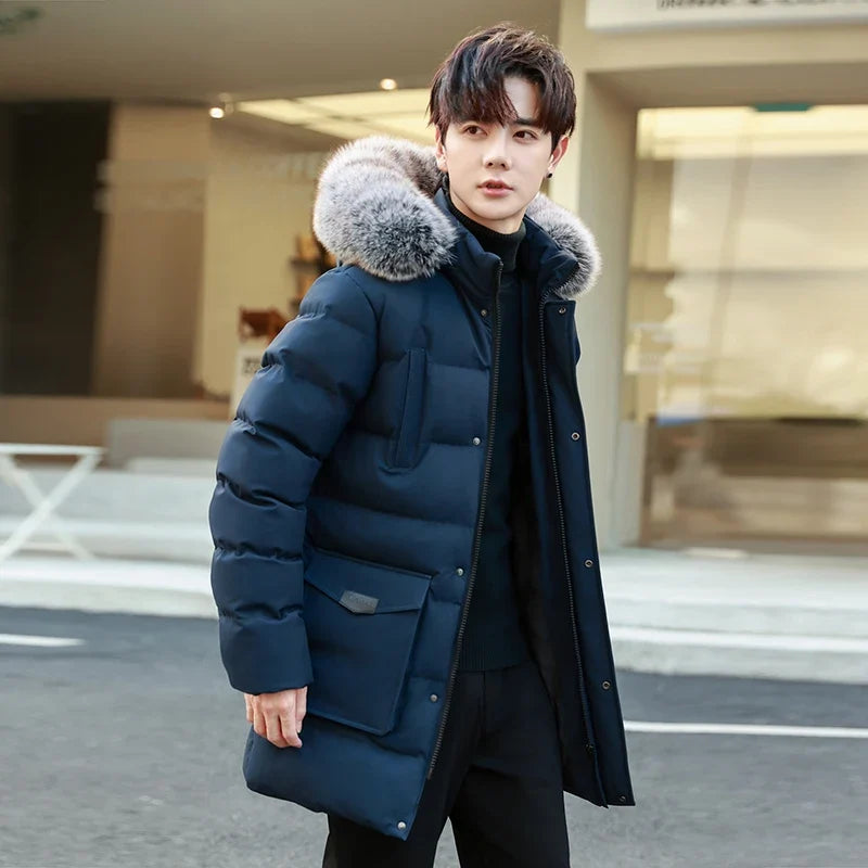 Men's winter jacket, quilted, with fur hood, parka, warm and lined