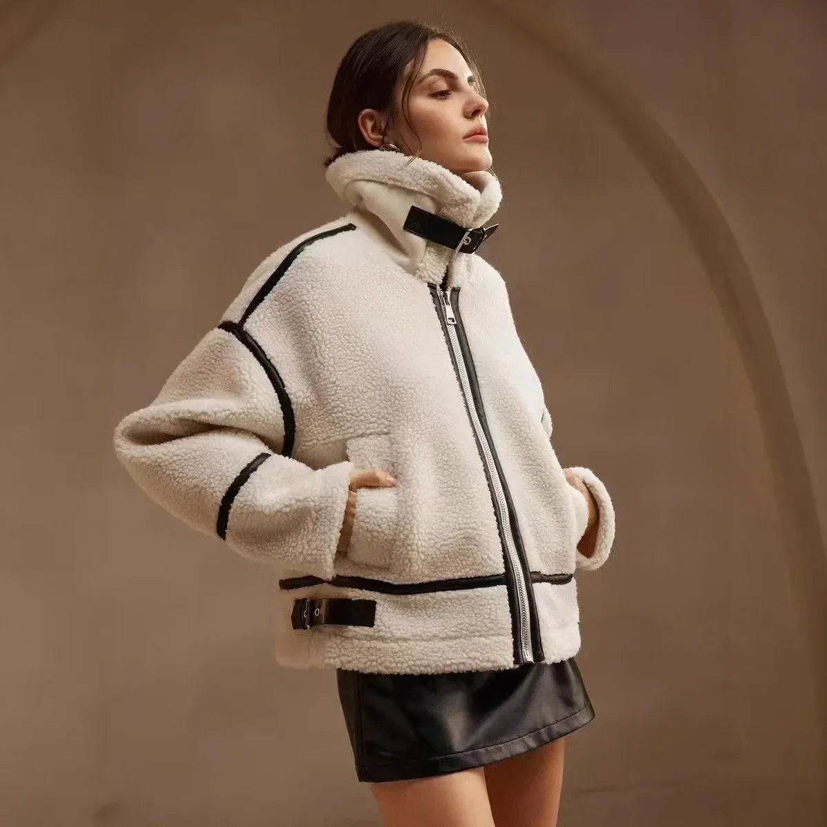 Women's beige teddy-fleece jacket with zipper & buckles