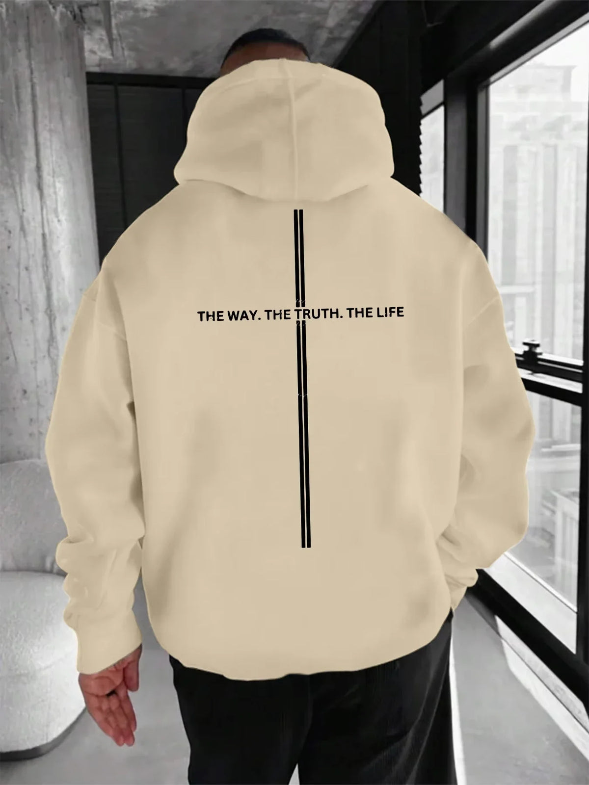 Men's Hoodie with "THE WAY. THE TRUTH. THE LIFE." Print and Stripe Design on the Back, Loose Fit