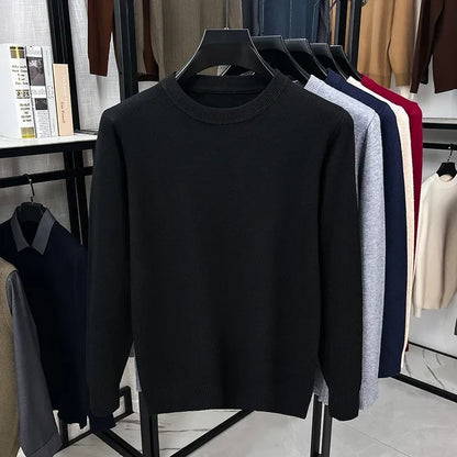 Men's fine-knit crew-neck sweater with long sleeves - navy blue