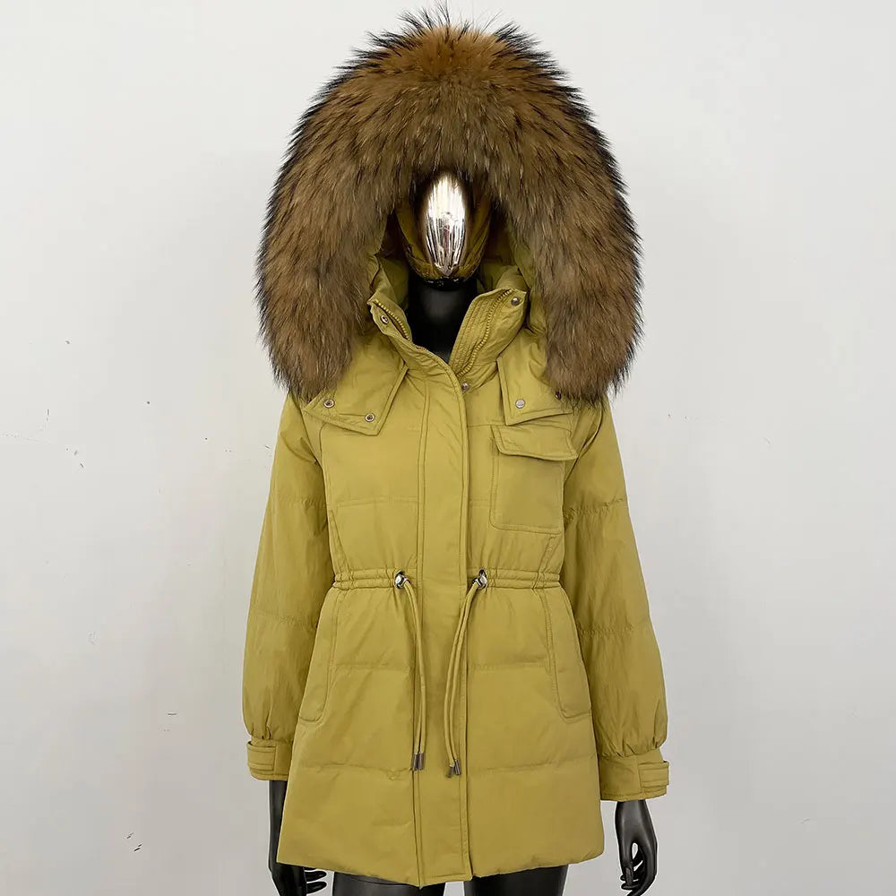 Women's winter parka jacket with fur hood and drawstring waist
