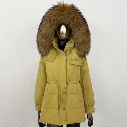 Women's winter parka jacket with fur hood and drawstring waist