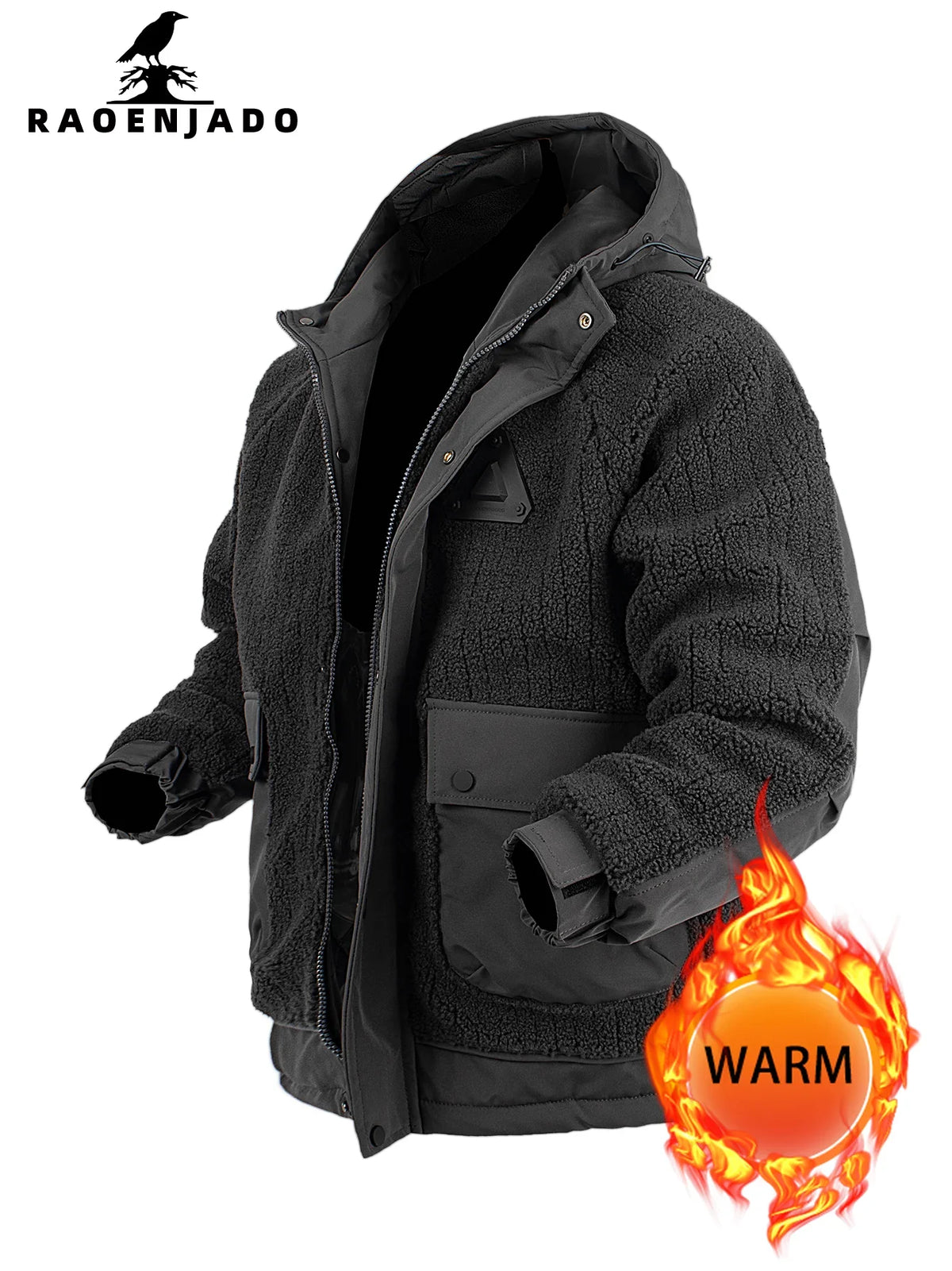 Unisex Winterjacke mit Kapuze Teddy-Fleece und aufgesetzten Taschen
