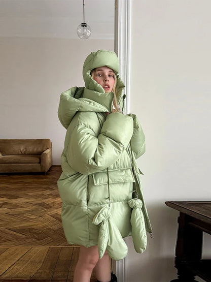 Damen Oversize Steppjacke mit Kapuze und Handschuhen