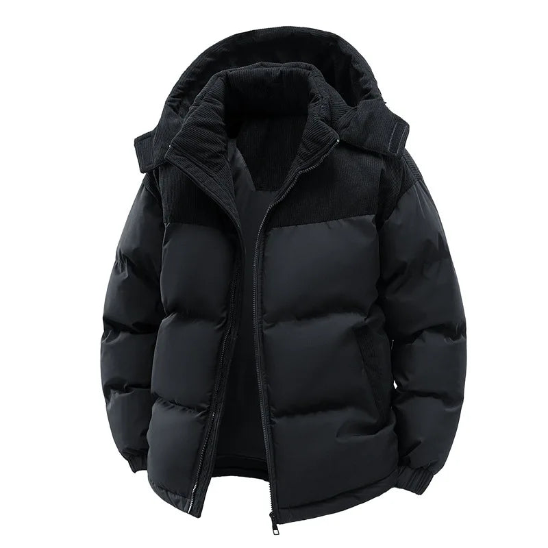 Men's Padded Winter Jacket with Hood, Corduroy Collar and Color-Block Design
