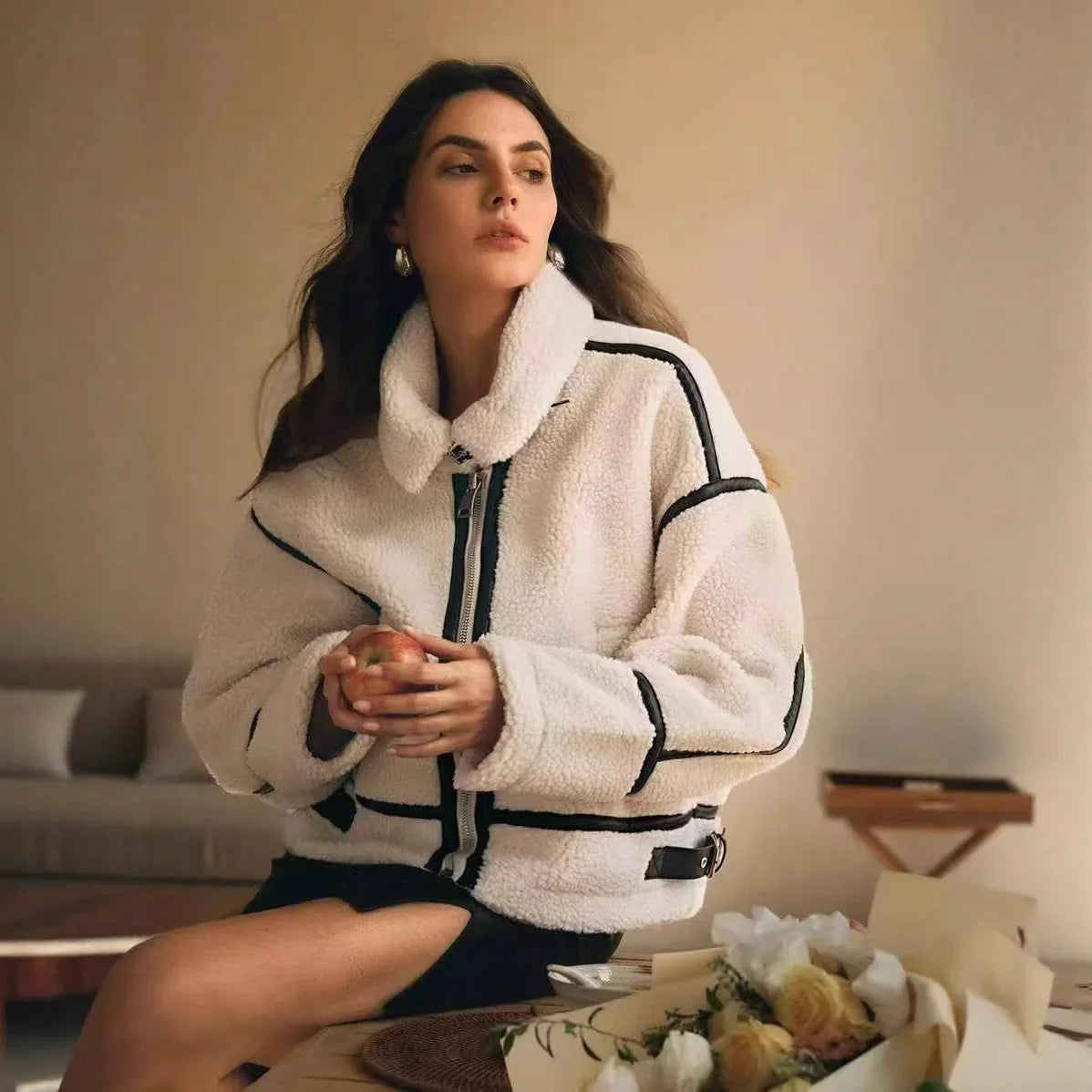Women's beige teddy-fleece jacket with zipper & buckles