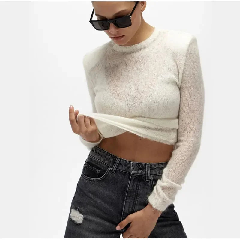Women's transparent knitted sweater, long sleeve, crew-neck