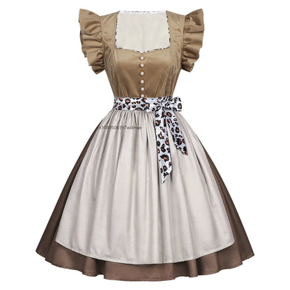 Damen Dirndl Kleid Braun Beige mit Schürze und Leopardenmuster-Band