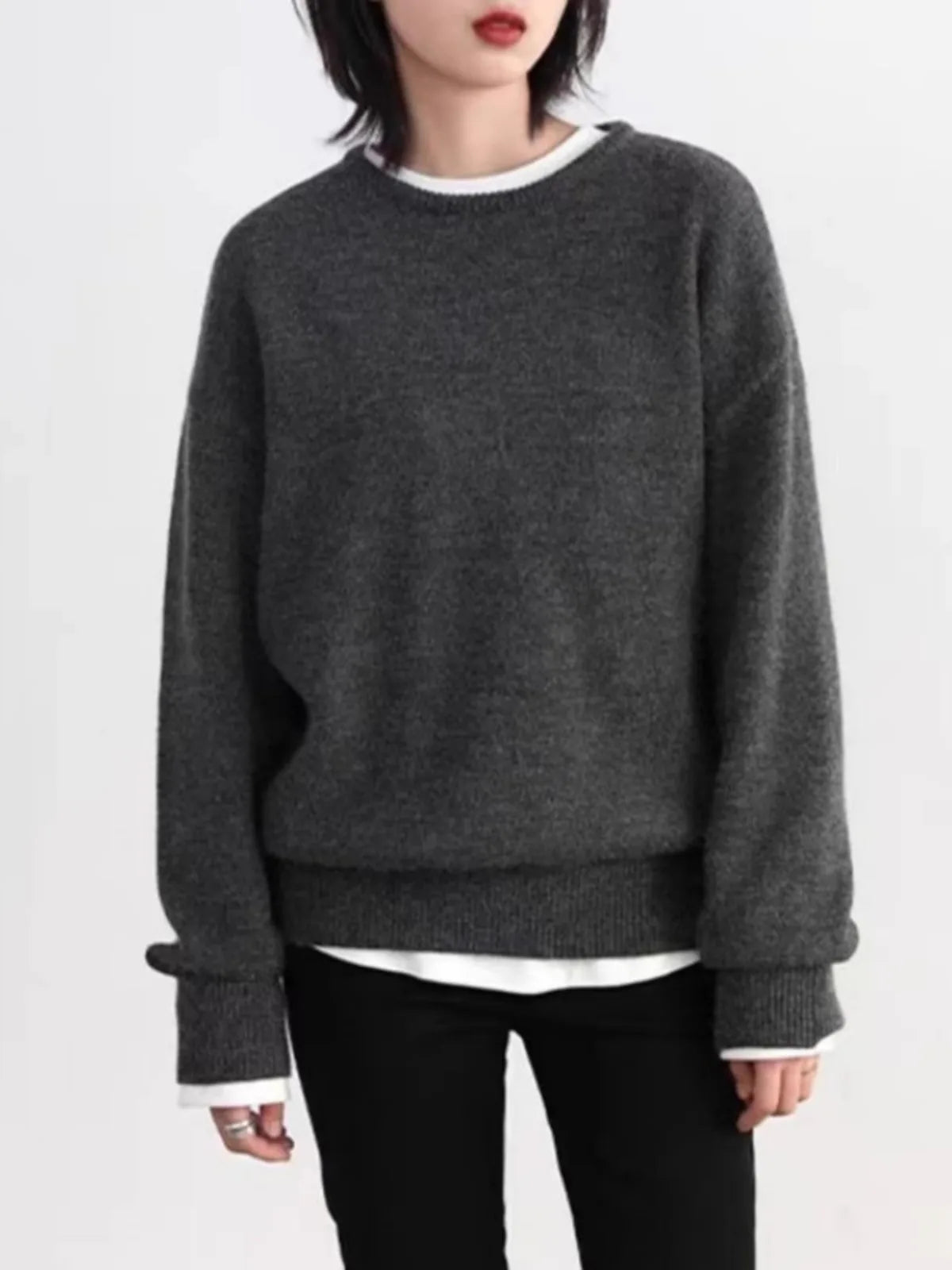 Unisex dark gray crew-neck long-sleeve sweater