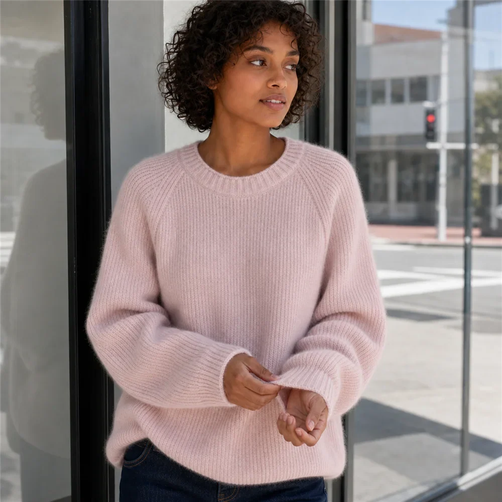 Women's Oversized Crewneck Knit Sweater with Raglan Sleeves